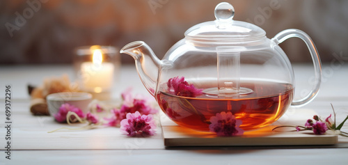 Teapot on wood table, hot drink and relaxation generated by AI