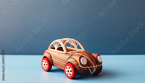 Blue toy car on a wooden background generated by AI photo