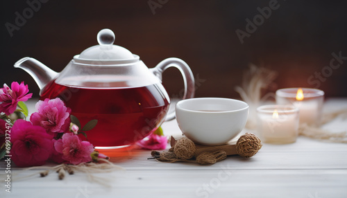 Hot drink on wooden table, tea brings relaxation generated by AI
