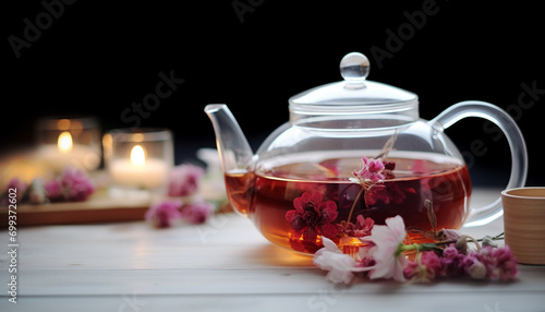 Teapot, drink, flower, tea, hot drink, wood, table generated by AI