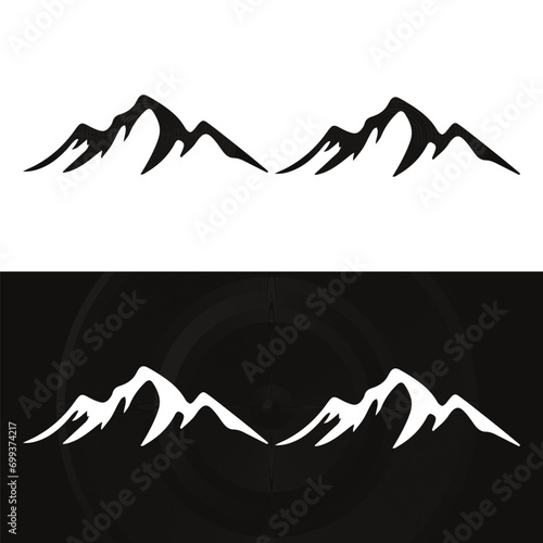 Mountain peak summit logo design. Outdoor hiking adventure icon set. Alpine wilderness travel symbol. Vector illustration.