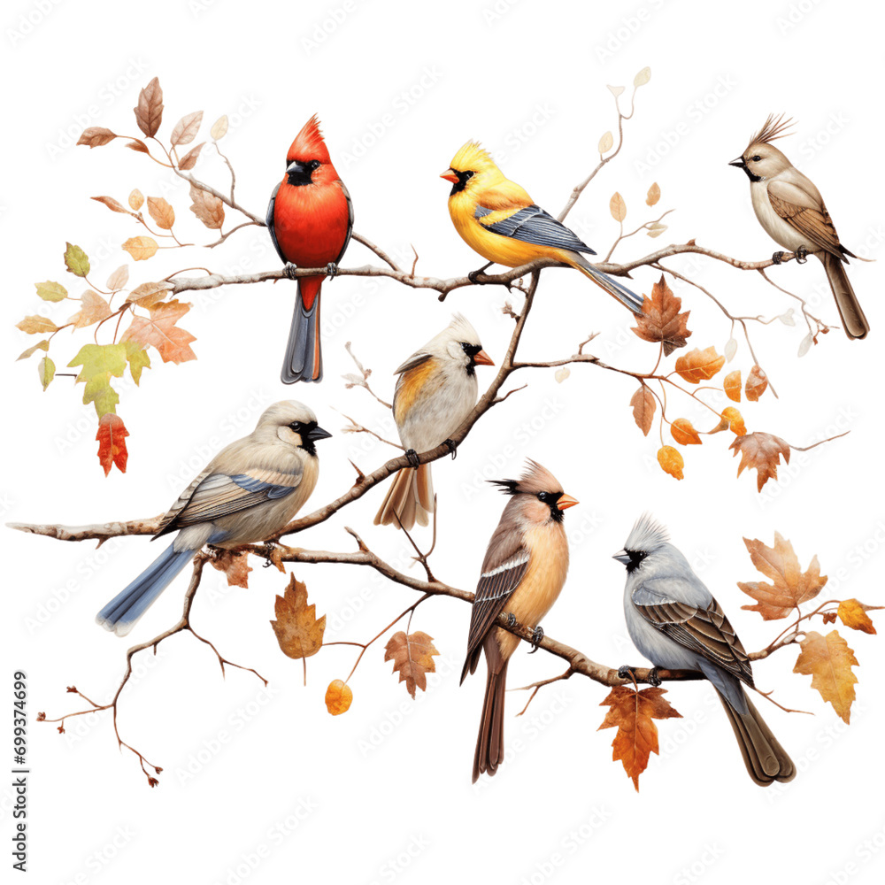 different breeds birds sitting on branch - 1