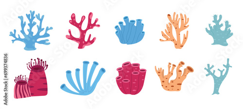 Coral reef illustration. Vector set of colored corals and seaweeds silhouettes. Underwater coral reef and sea kelp in flat style. Aquarium plants illustration.