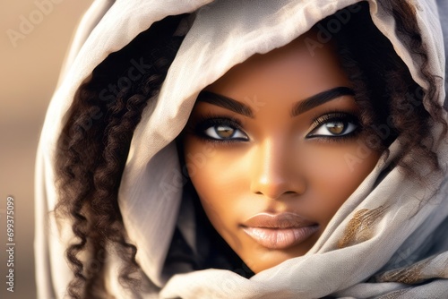 Retrato de uma mulher Jovem negra, linda, com pano na cabeça, olhos claros, gerado com ia (Playground) photo