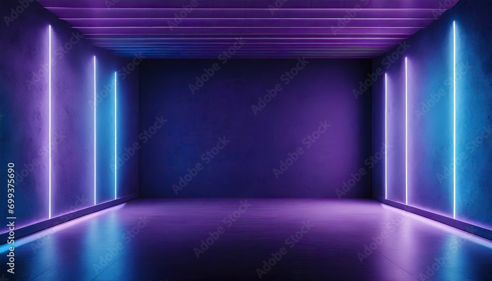 A blue and purple neon light with blue purple empty room with wall.