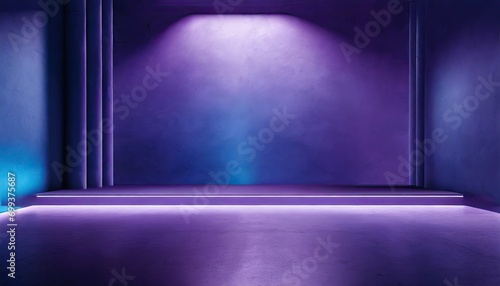 A blue and purple neon light with blue purple empty room with wall.