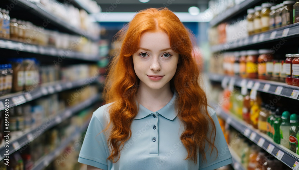Smiling woman choosing groceries in a retail store generated by AI