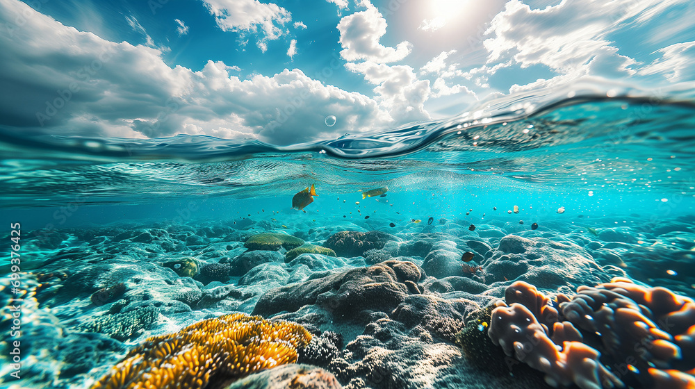 水面の上が青空、2分割された下半分が泡と珊瑚がある南国の海の中を熱帯魚が泳いでいる水中写真 - obrazy, fototapety, plakaty 