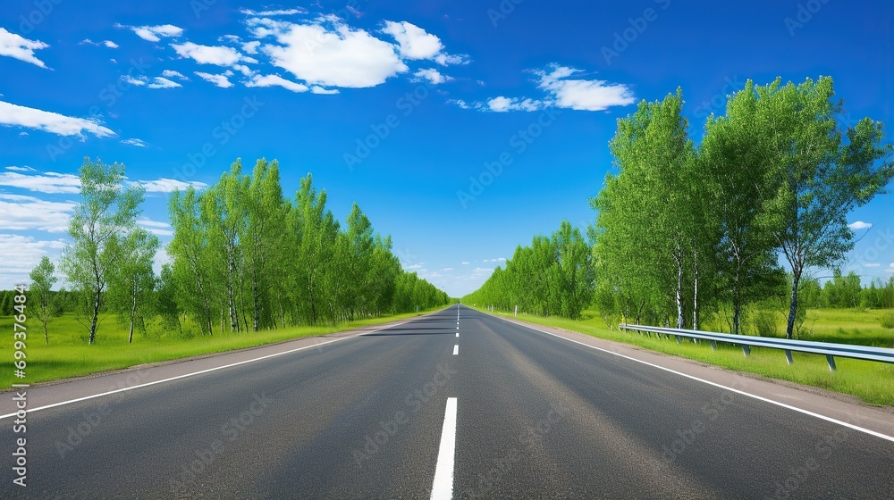highway in the grassland background of blue sky and bright clouds, long road stretches into the distance. empty street on a beautiful sunny day highway in the grassland background of blue sky and bright clouds, long road stretches into the distance. empty street on a beautiful sunny day