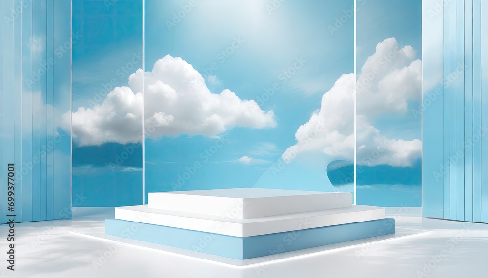 Fototapeta premium A blue wall podium stage with blue sky and clouds.