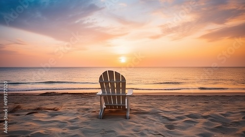 Foto Two deck chairs for sunbathing on the beach, view at sunset