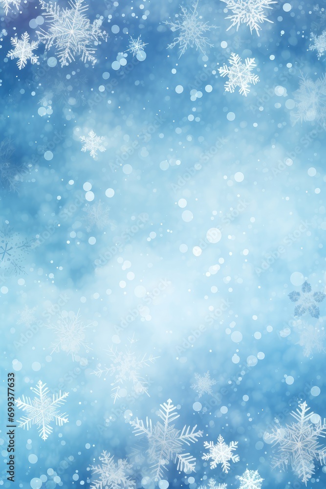 Natural Winter Christmas background with sky, heavy snowfall, snowflakes in different shapes and forms, snowdrifts.