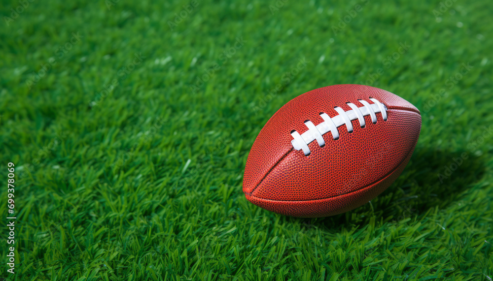 Playing field with grass, ball, and American football generated by AI Playing field with grass, ball, and American football generated by AI