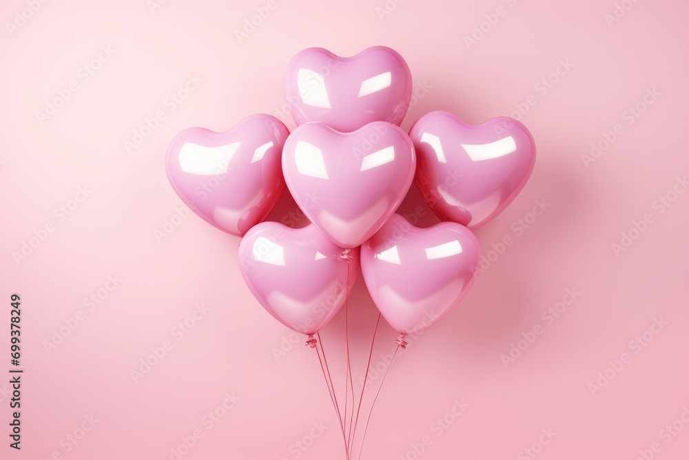 Rose heart shaped balloons isolated on pink background. Air balloons for birthday, party, celebrate anniversary, wedding, women's, mother's day. St Valentine day concept. Romantic greeting card
