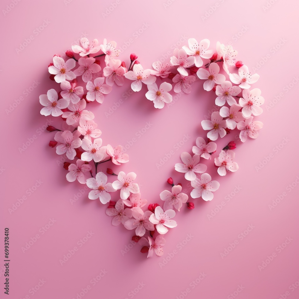 Heart symbol made of cherry flowers on pink background. Valentines day, wedding, anniversary celebration or romantic visual trend. Present for Woman day. Creative love concept with copy space