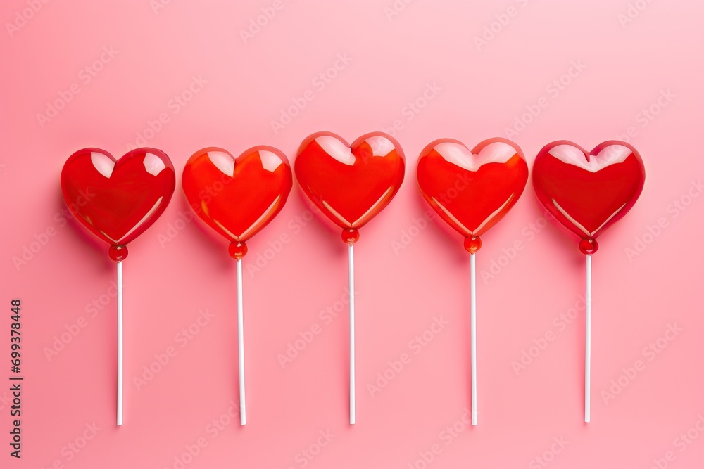 Heart shape red lollipop candy on pastel pink background. Minimal Valentine or love concept. Hipster style. Top view, flat lay with copy space Heart shape red lollipop candy on pastel pink background. Minimal Valentine or love concept. Hipster style. Top view, flat lay with copy space