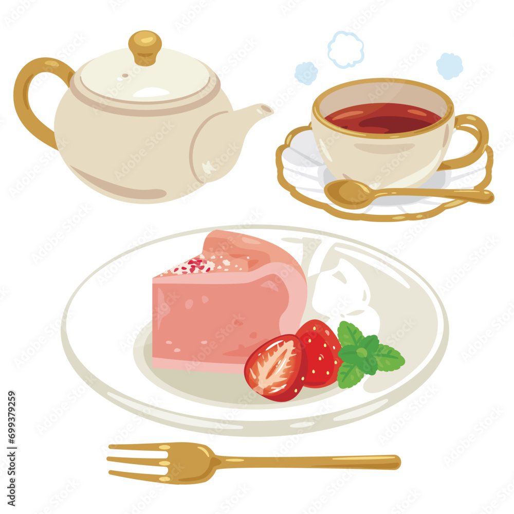 皿に盛られた苺のガトーショコラとホットティーのセット