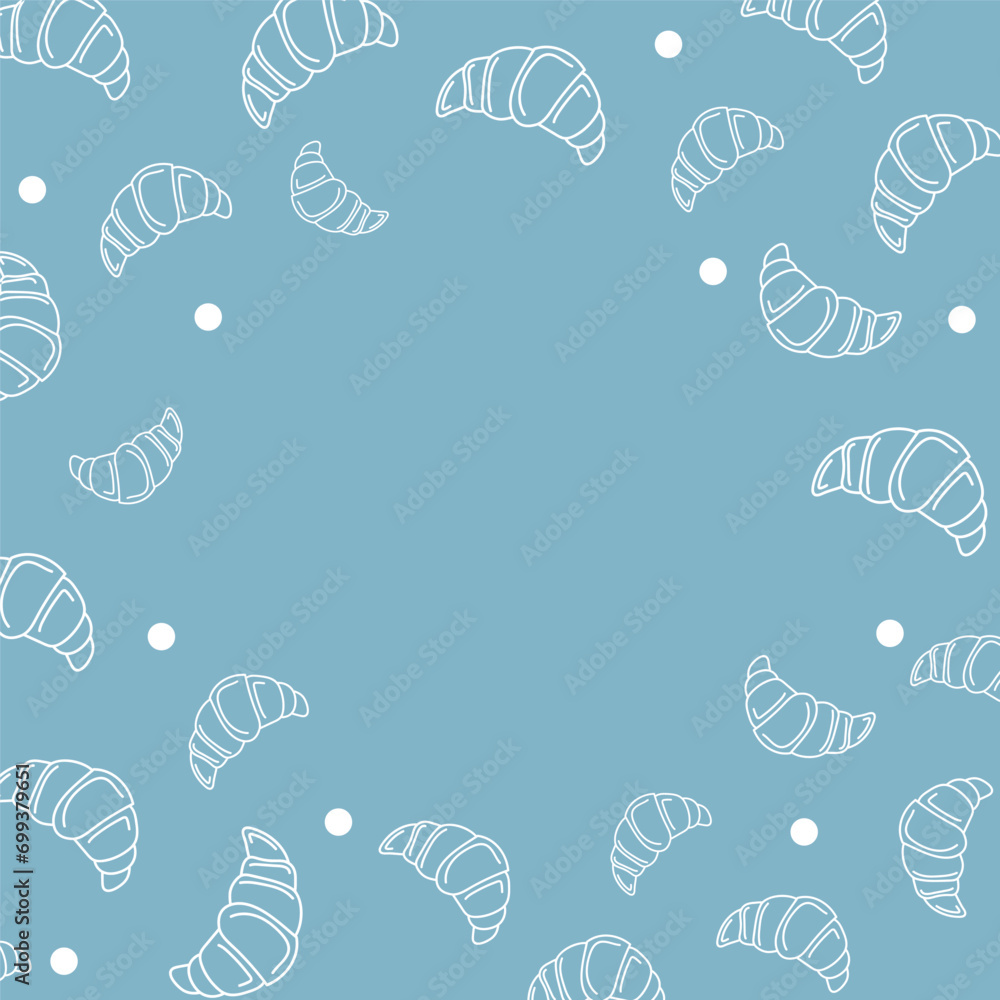 Obraz premium Vector illustration. Contour pattern. Cakes, donuts, croissants, macarons in sketch style. Hand drawn food elements. Desserts and sweets food doodle background with copy space for text.