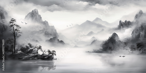 Black and white watercolor paintings of nature, mountains, rivers, clear skies and wildlife. photo