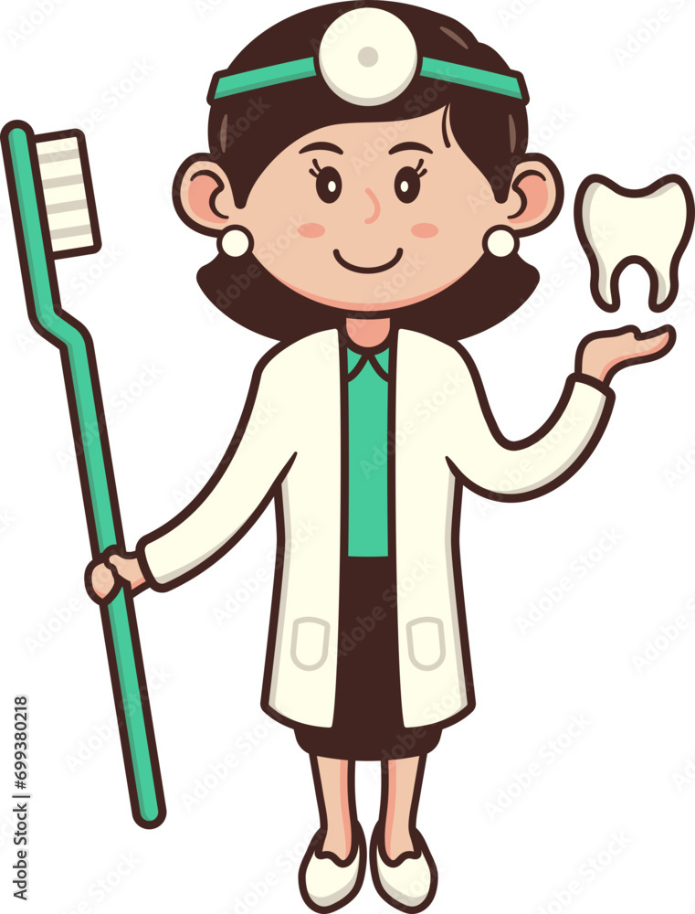 Cute Characters Dentist in White Coat using Headlight Holding Toothbrush Cute Characters Dentist in White Coat using Headlight Holding Toothbrush