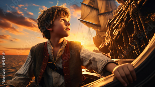海賊に憧れる男の子が海賊帽子を被って船に乗って明るい笑顔をしている photo