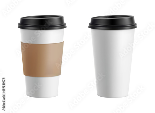 3d realistic vector icon illustration. White paper coffee cup with black lid and cardboard.