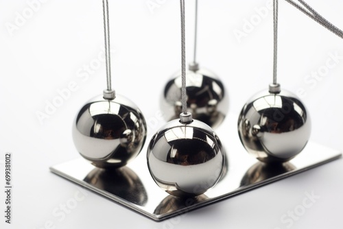Concept of cause and effect: metal Newton's cradle on white background. Generative AI