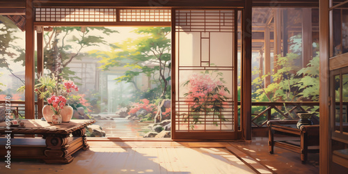 Picture of a Japanese style relaxation room that overlooks beautiful nature in pastel tones. © Rassamee