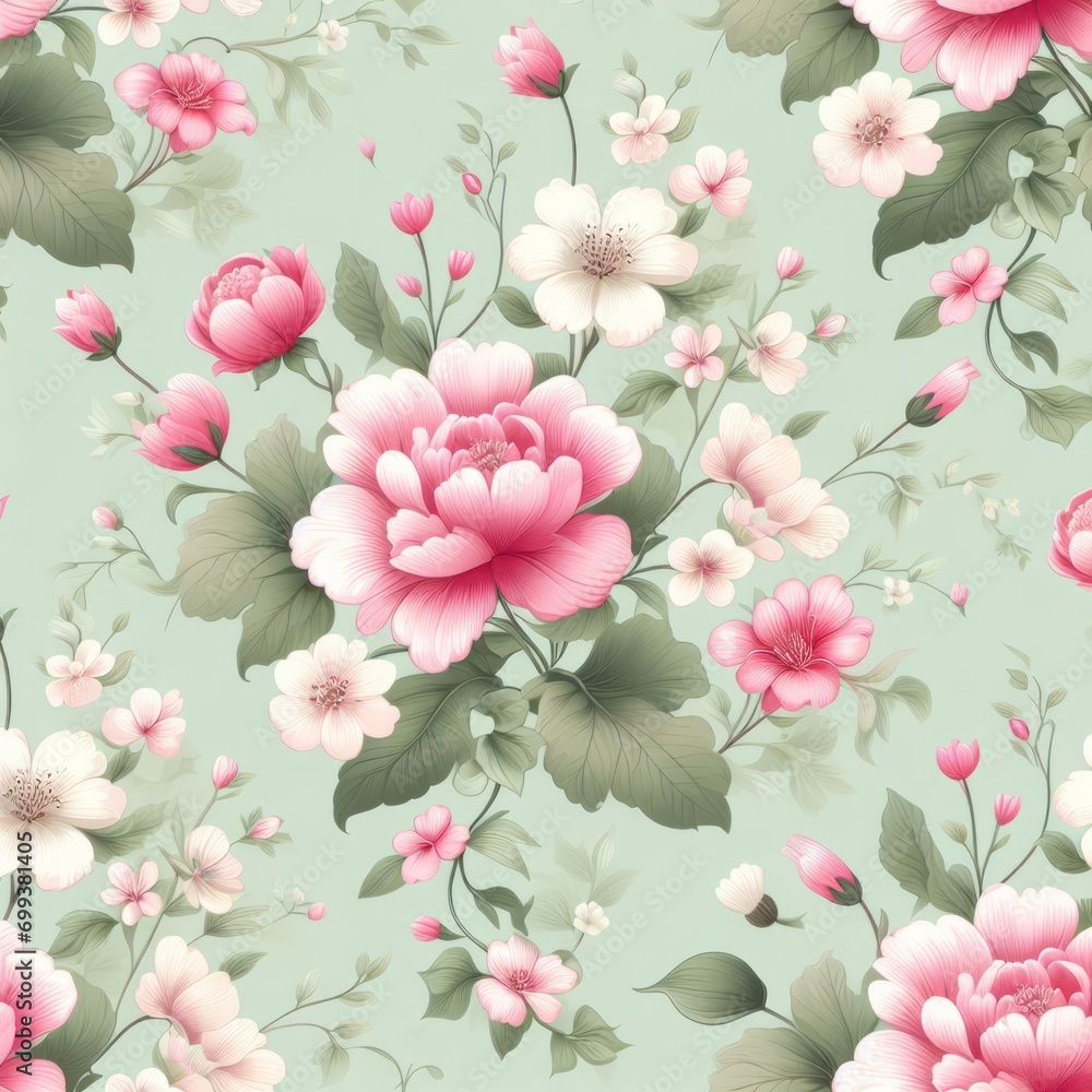 Pink Peony Floral Pattern on Mint Background Pink Peony Floral Pattern on Mint Background