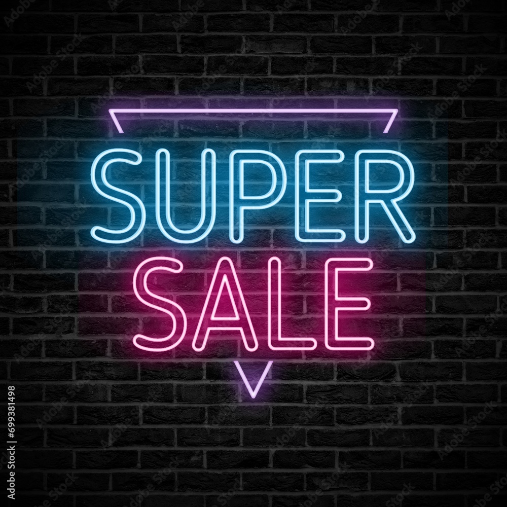 Super Sale Label. Neon light frame triangle banner. Special offer price sign. Advertising Discount Symbol. Order super sale neon sign frame on brick wall. Super Sale Label. Neon light frame triangle banner. Special offer price sign. Advertising Discount Symbol. Order super sale neon sign frame on brick wall.