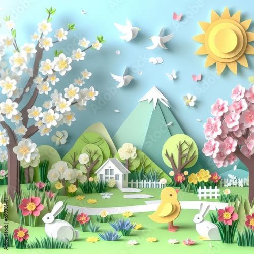 Paper Craft Spring Landscape with Animals and Flowers