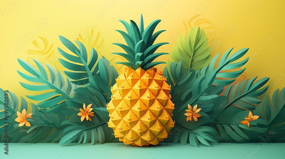 fresh pineapple fruit background in paper art style - obrazy, fototapety, plakaty 