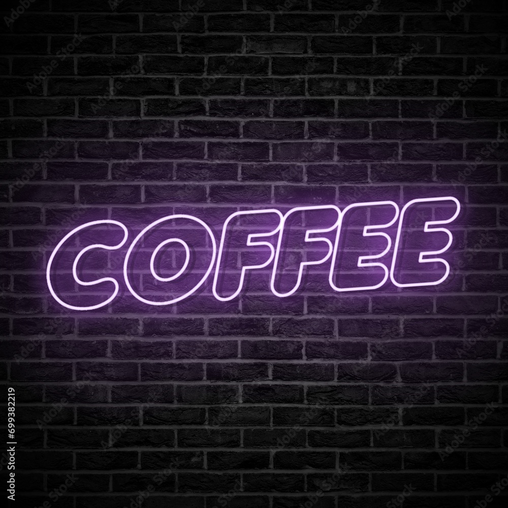 Coffee neon sign logo illustration, emblem in neon style, bright night sign, coffee night advertisement. Neon purple coffee typography on brick wall. Coffee neon sign logo illustration, emblem in neon style, bright night sign, coffee night advertisement. Neon purple coffee typography on brick wall.