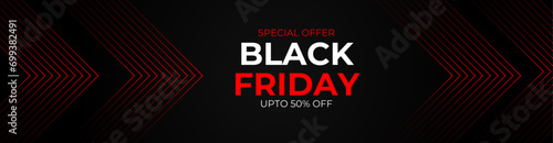 Black Friday Sale Horizontal Banner with Dark Shiny Balloons on dark Background with Place for text. 3d black and blue realistic balloons and sale text. cover, banner, website. Vector illustration