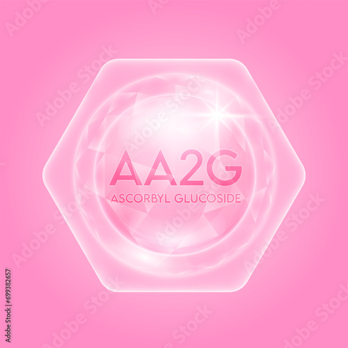 AA2G or Ascorbyl Glucoside. Stabilized vitamin C and collagen solution hyaluronic acid serum and moisturizer for brighter skin. Vitamins essential the health care. Cosmetic beauty nutrition. Vector.