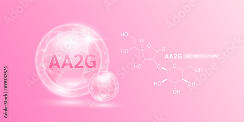 AA2G or Ascorbyl Glucoside with structure. Stabilized vitamin C and collagen solution hyaluronic acid serum for brighter skin. Vitamins essential the health care. Cosmetic beauty nutrition. Vector.
