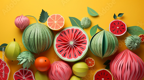 various handmade paper fruit on stripes of colorful paper on yellow background