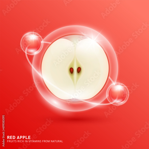 Red apple slice in bubble surrounded by collagen solution hyaluronic acid serum for cosmetic beauty nutrition. Fruits rich in vitamins from natural. Vitamin C essential to the health skin care.