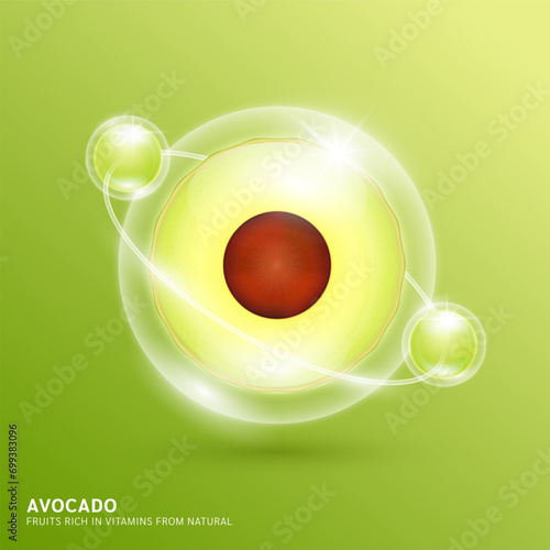 Green avocado slice in bubble surrounded by collagen solution hyaluronic acid serum for cosmetic beauty nutrition. Fruits rich in vitamins from natural. Vitamin C essential to the health skin care.