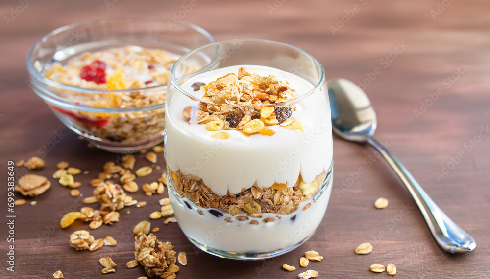 muesli and yogurt in a glass on a table, selective focus muesli and yogurt in a glass on a table, selective focus