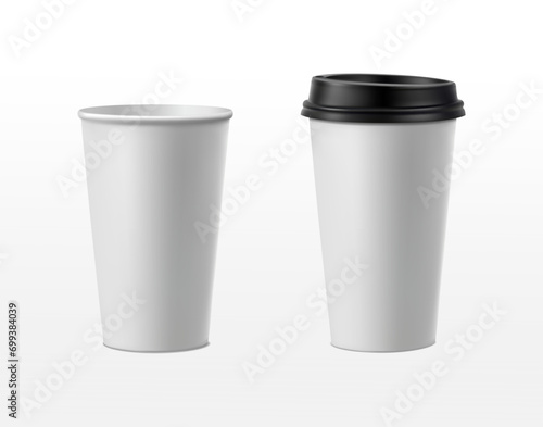 3d realistic vector icon illustration. Paper coffee cup with black lid and without.