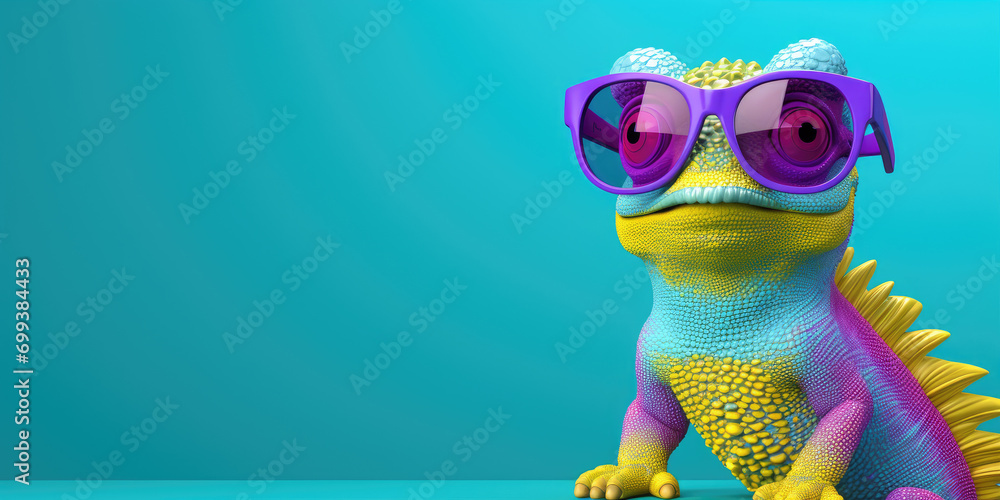 3d cartoon colorful chameleon wearing sunglasses on colorful background, copy space - obrazy, fototapety, plakaty 