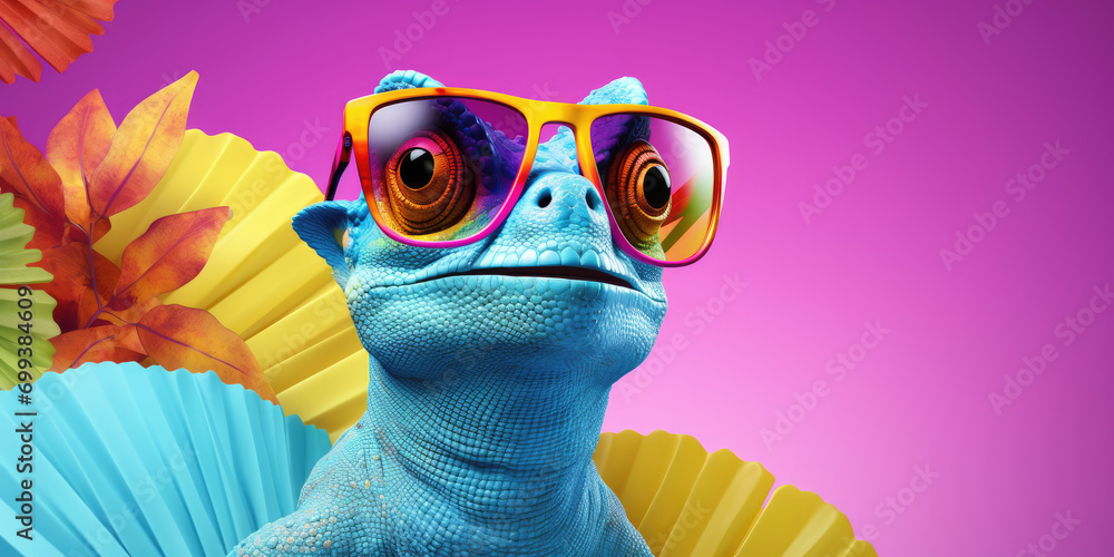 3d cartoon colorful chameleon wearing sunglasses on colorful background, copy space - obrazy, fototapety, plakaty 