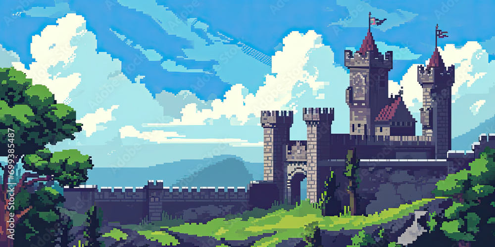 Castle background video game style illustration castles towers 8-bit, vintage computer graphics, generated ai	 - obrazy, fototapety, plakaty 