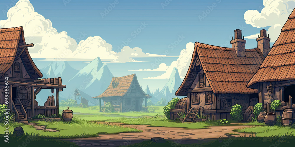 8-bit video game graphics medieval houses town thatched roofs, retro, vintage background, generated ai - obrazy, fototapety, plakaty 