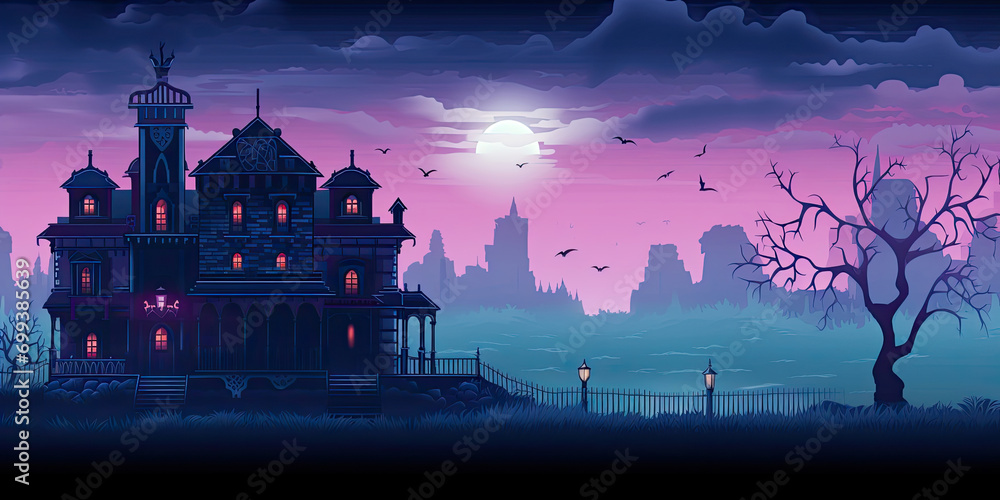 Video game style retro graphics haunted mansion spooky scary background, vintage landscape, generated ai