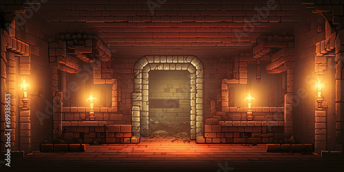 Video game style retro vintage graphics dungeon background, underground level, gaming backdrop, generated ai