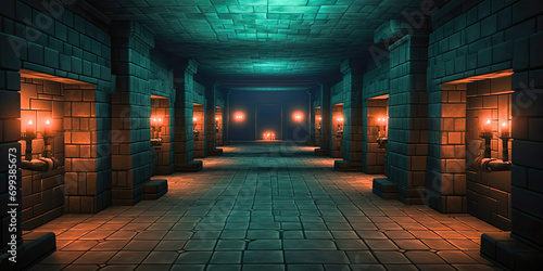 Video game style retro vintage graphics dungeon background, underground level, gaming backdrop, generated ai photo
