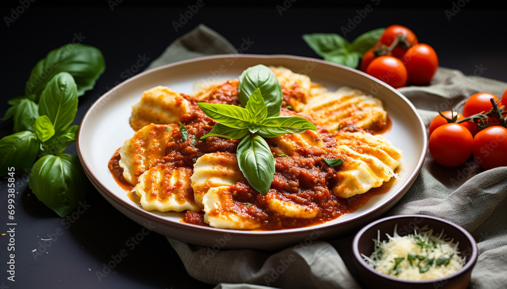 Freshness and flavor on a plate of gourmet pasta generated by AI Freshness and flavor on a plate of gourmet pasta generated by AI