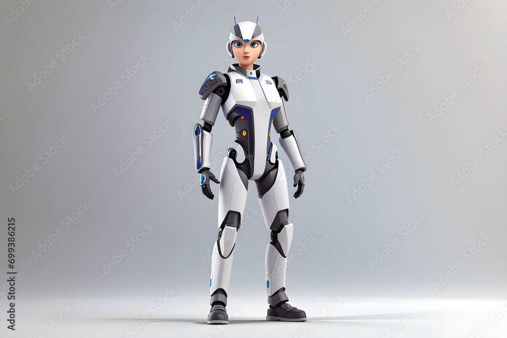 Cartoon robot, with futuristic costume, robot features, modern metallic color palette, sharp angular shapes, modern technology of the character, isolated white background. Cartoon robot, with futuristic costume, robot features, modern metallic color palette, sharp angular shapes, modern technology of the character, isolated white background.
